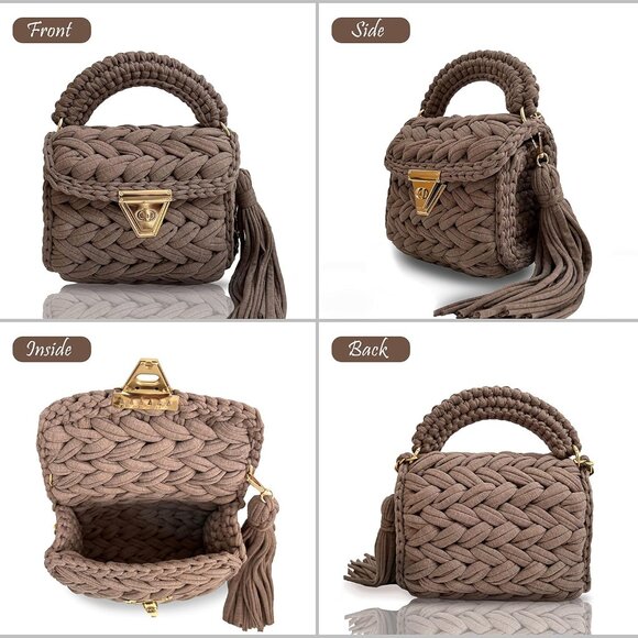 Women's Grey Handmade Crochet Evening Small Formal Flap Crossbody Clutch Bag - Picture 4 of 6